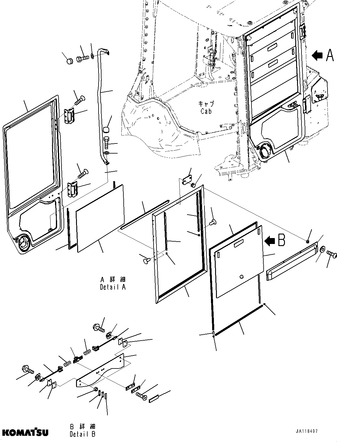 Komatsu parts book diagram for WA485-11E0 S/N H35051-UP: ROPS CAB AND FLOOR FRAME GROUP, WITH AFJS, DOOR, L.H. (1/3)