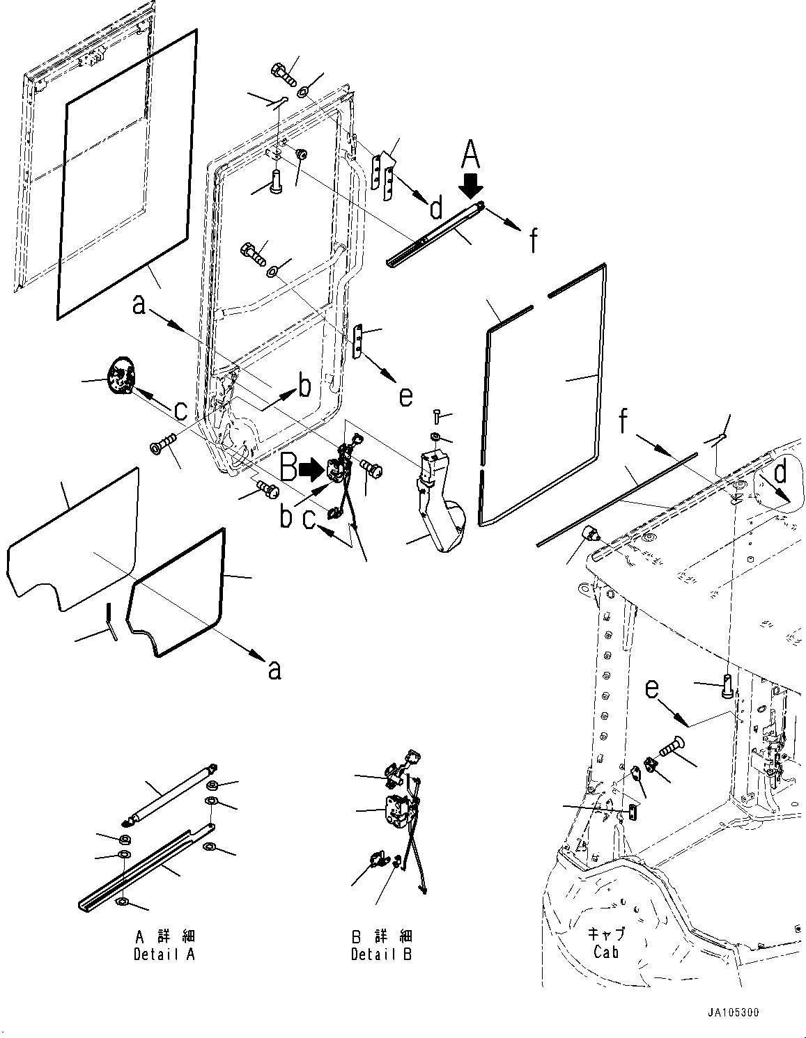 Komatsu parts book diagram for WA485-11E0 S/N H35051-UP: ROPS CAB AND FLOOR FRAME GROUP, WITH AFJS, DOOR, R.H. (2/2)