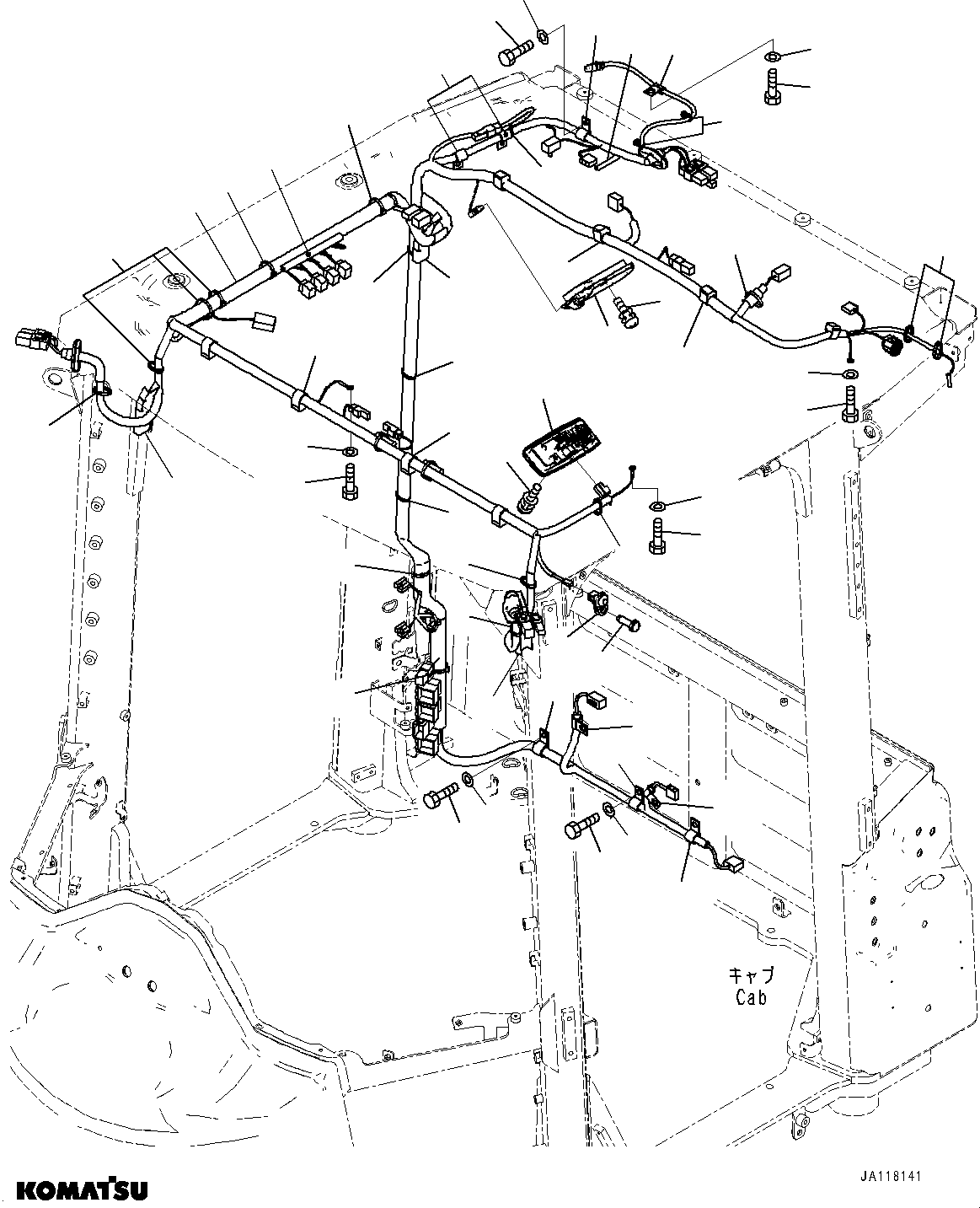 Komatsu parts book diagram for WA485-11E0 S/N H35051-UP: ROPS CAB AND FLOOR FRAME GROUP, WITH AFJS, WIRING HARNESS