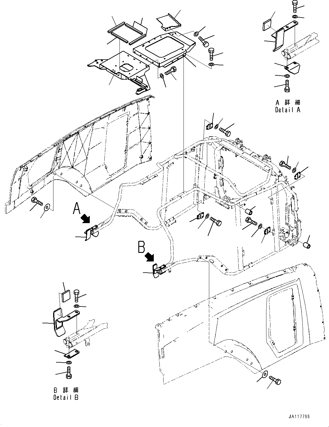 Komatsu parts book diagram for WA485-11E0 S/N H35051-UP: ENGINE HOOD, BRACKET