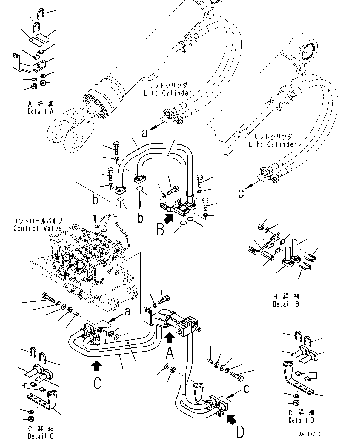 Komatsu parts book diagram for WA475-11E0 S/N H30051-UP: HYDRAULIC PIPING, WITH 3-SPOOL CONTROL VALVE, LIFT CYLINDER PIPING