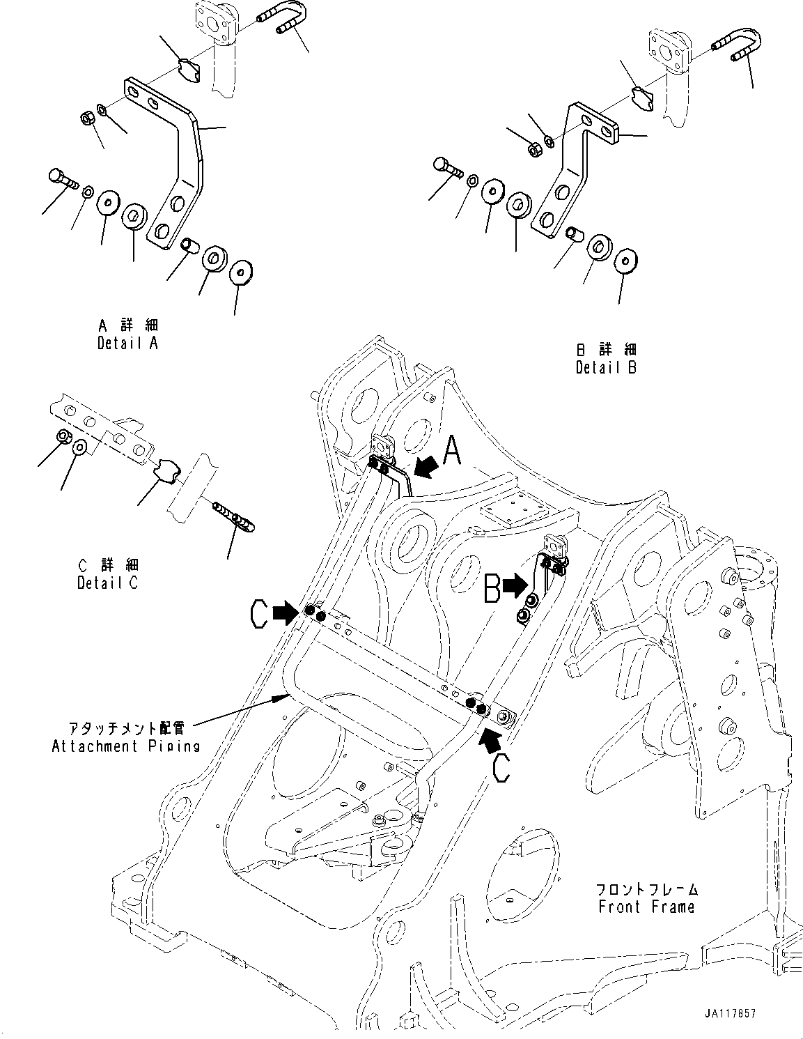 Komatsu parts book diagram for WA475-11E0 S/N H30051-UP: HYDRAULIC PIPING, WITH 3-SPOOL CONTROL VALVE, ATTACHMENT PIPING MOUNTING