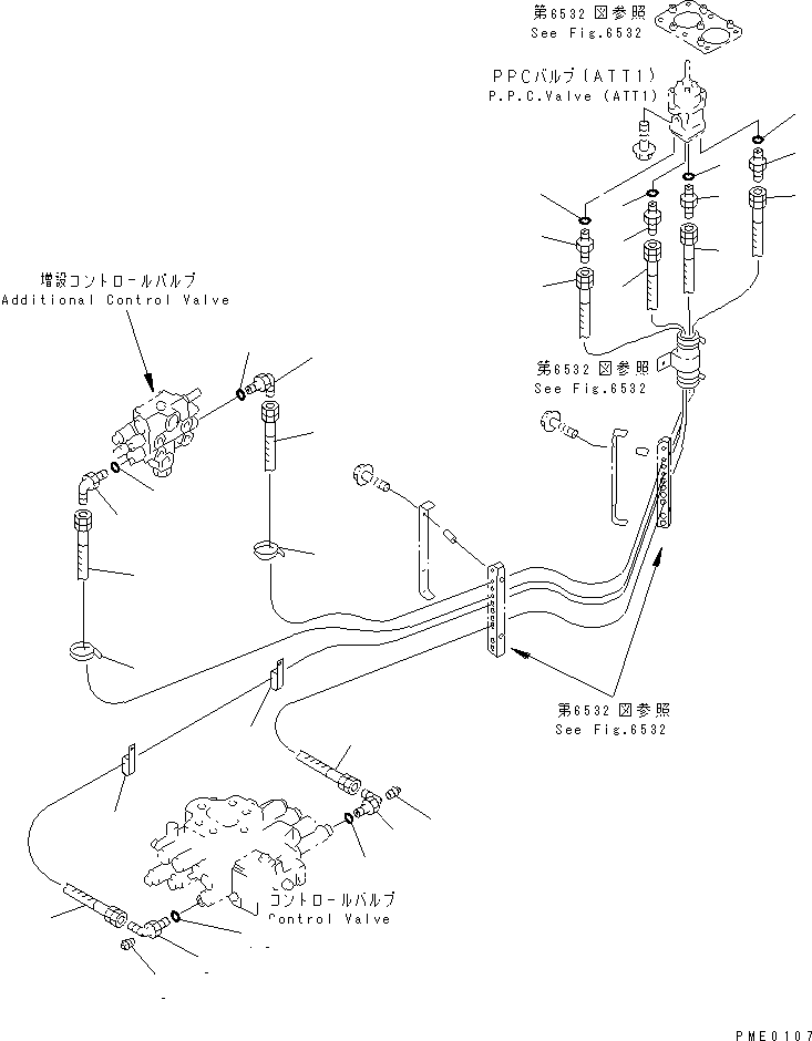 Wheel Loaders Komatsu / WA300-3A-XW S/N 50001-52999(wa300-2r) / HYDRAULIC PIPING (PPC VALVE LINE) (3/5) (PILOT LINE (2/3))       (WITH 5-SPOOL VALVE)(#50001-)(150160 : 6533)