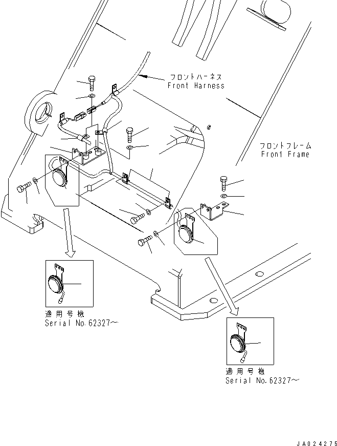 Komatsu parts book diagram for WA320-5 S/N 60001-UP: HORN (FOR EXCEPT JAPAN)