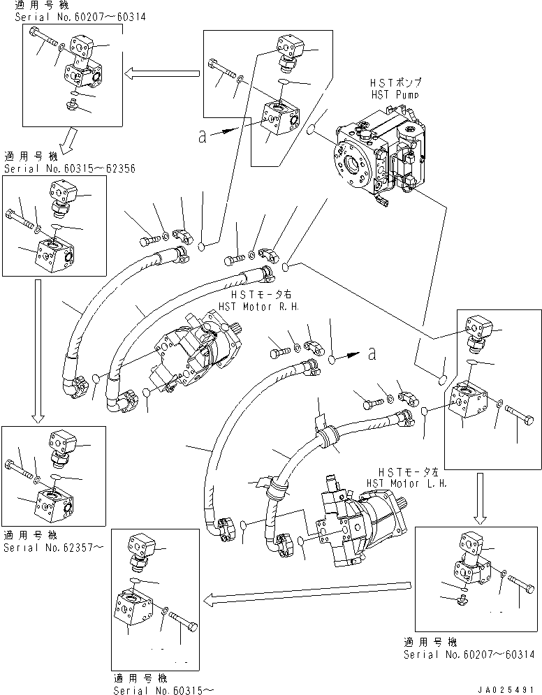 Komatsu parts book diagram for WA320-5 S/N 60001-UP: HST OIL LINE (MAIN LINE)(#62357-)
