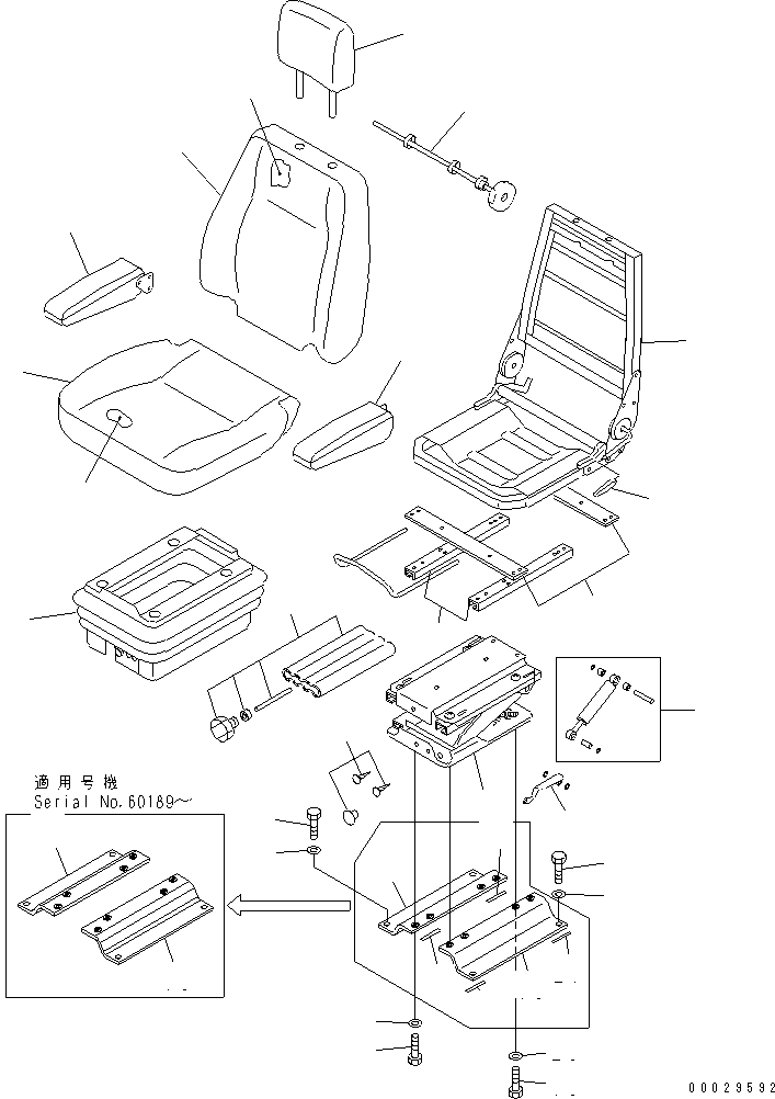 Komatsu parts book diagram for WA320-5 S/N 60001-UP: OPERATOR'S SEAT (RECLINING TYPE) (KAB) (FOR EXCEPT JAPAN)(#60001-62497)