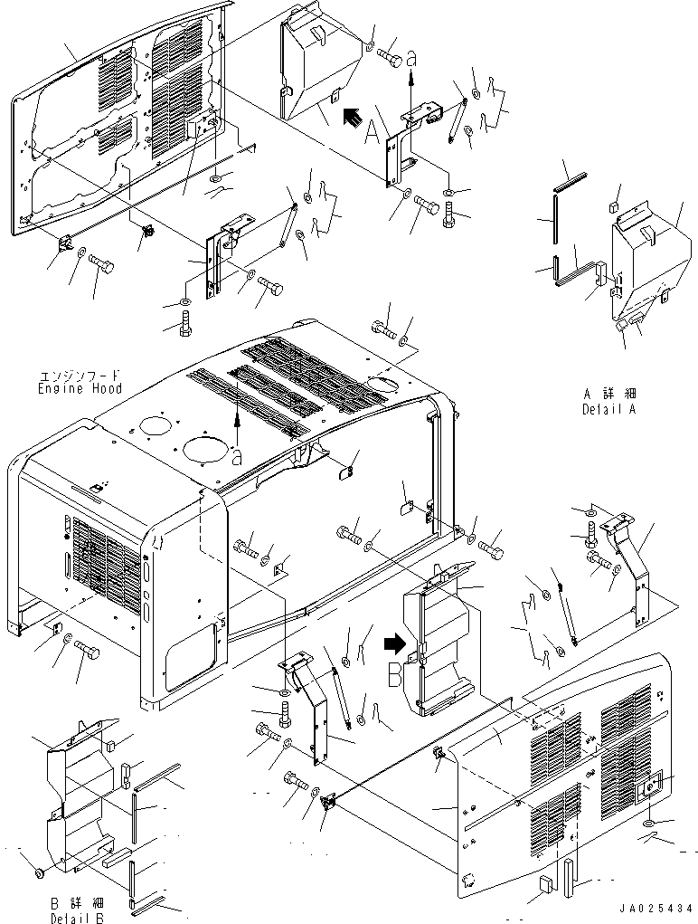 Komatsu parts book diagram for WA320-5 S/N 60001-UP: HOOD (DOOR) (WITH PRE-CLEANER AND OIL FILLER CAP LOCK AND COVER LOCK)(#62357-)