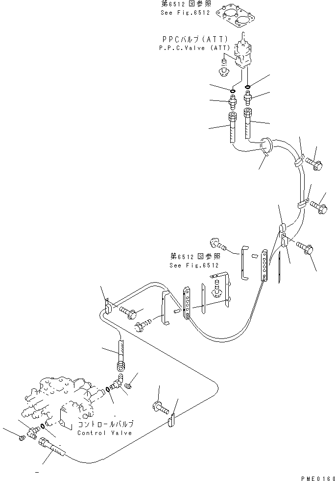 Wheel Loaders Komatsu / WA380-3 S/N 50001-52999 (Overseas Version)(wa380-0c) / HYDRAULIC PIPING (PPC VALVE LINE) (3/4) (PILOT LINE (2/2))       (WITH 3-SPOOL VALVE)(#50001-)(180330 : 6513)