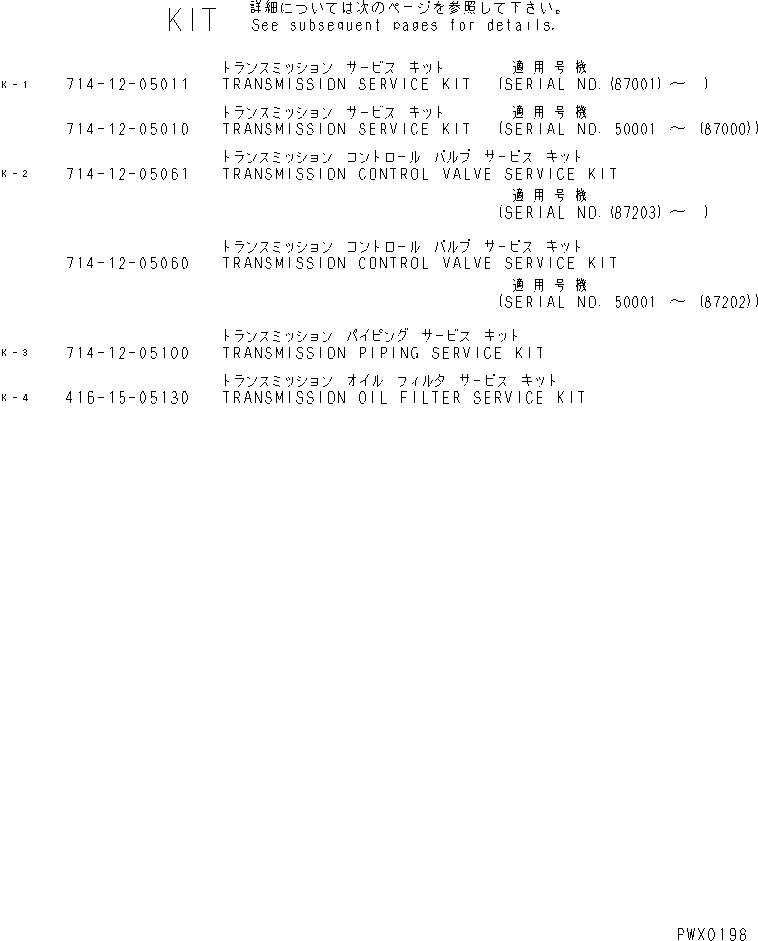 Wheel Loaders Komatsu / WA380-3 S/N 50001-52999 (Overseas Version)(wa380-0c) / SERVICE KIT(#50001-)(240030 : 9991)