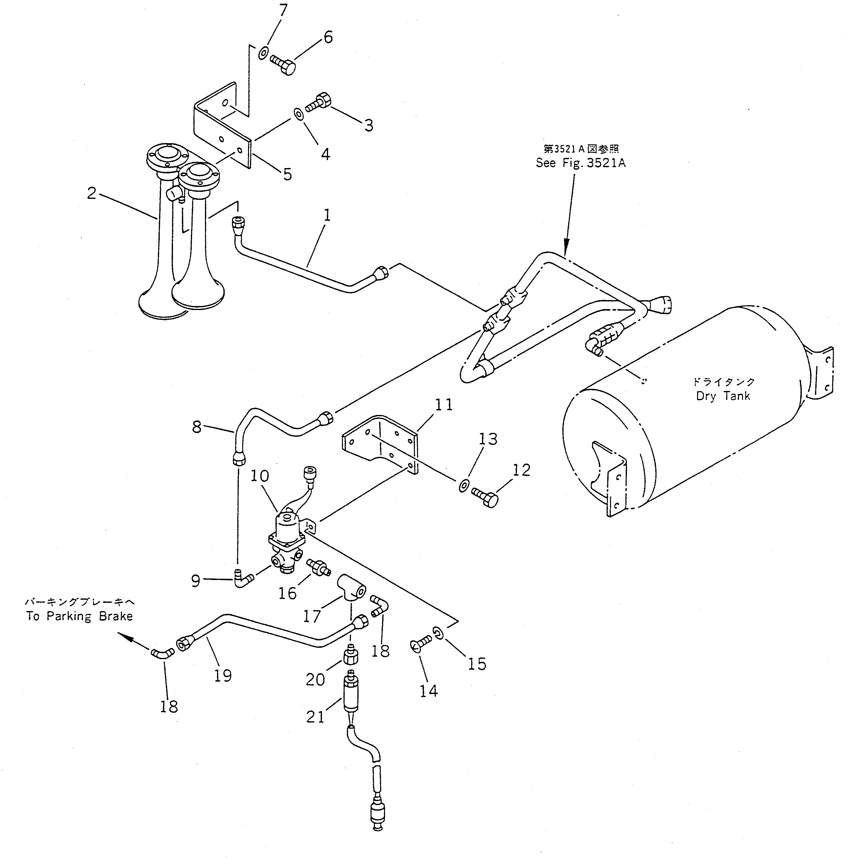 Wheel Loaders Komatsu / WA450-1 S/N 10001-UP (Overseas Version)(wa450-1c) / AIR PIPING (PARKING BRAKE AND HORN)(#11038-19999)(090460 : 3551A)