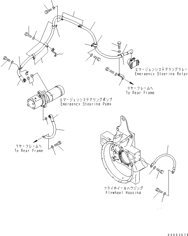 Wheel Loaders Komatsu / WA450-6 S/N 66001-UP (ecot3, For North America)(wa450-6c) / REAR HARNESS (CABLE AND ENGINE EARTH) (FOR EMERGENCY STEERING)(120210 : E0202-07A1)