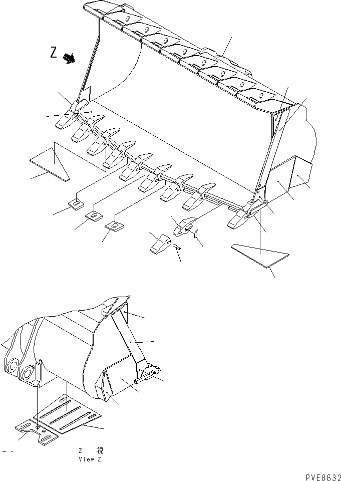 Wheel Loaders Komatsu / WA900-3 S/N 50001-UP(wa900-3c) / BUCKET ? 13M3 (SPADE NOSE) (WITH TOOTH) (EXCEPT JAPAN)(360360 : T4120-01B0)
