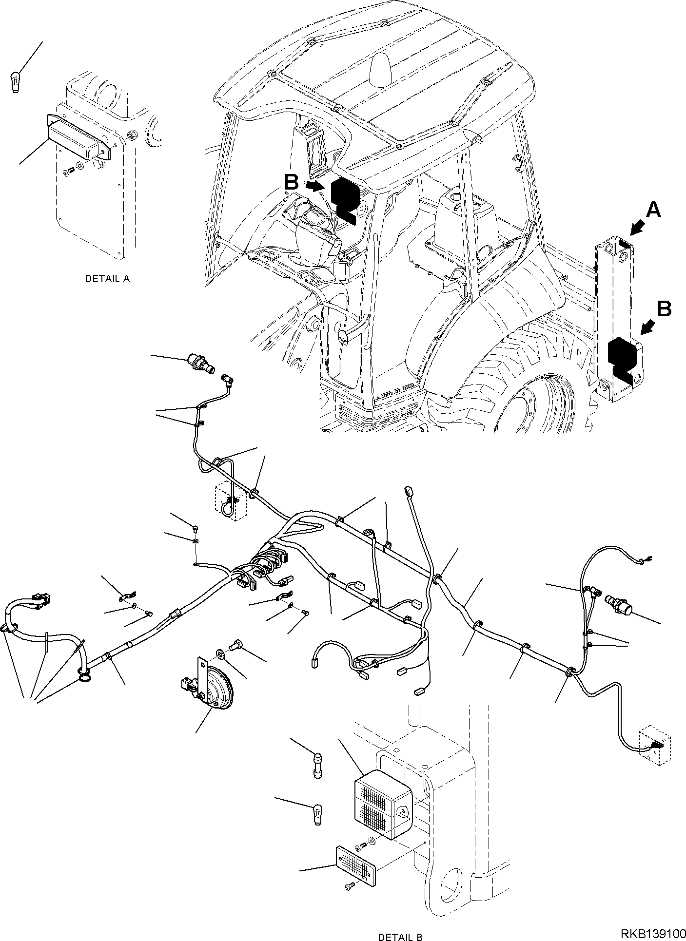 Komatsu parts book diagram for WB97S-8E0 S/N F45003 AND UP: WIRING HARNESS, FRAME HARNESS, FIXING PARTS AND COMPONENTS (1/7)