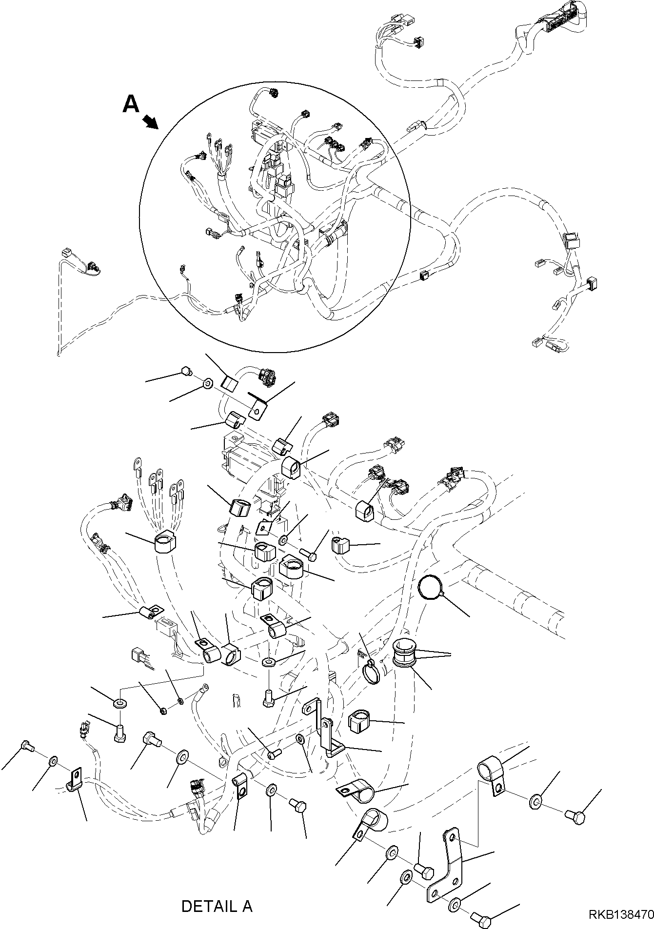 Komatsu parts book diagram for WB97S-8E0 S/N F45003 AND UP: WIRING HARNESS, FRAME HARNESS, FIXING PARTS AND COMPONENTS (5/7)
