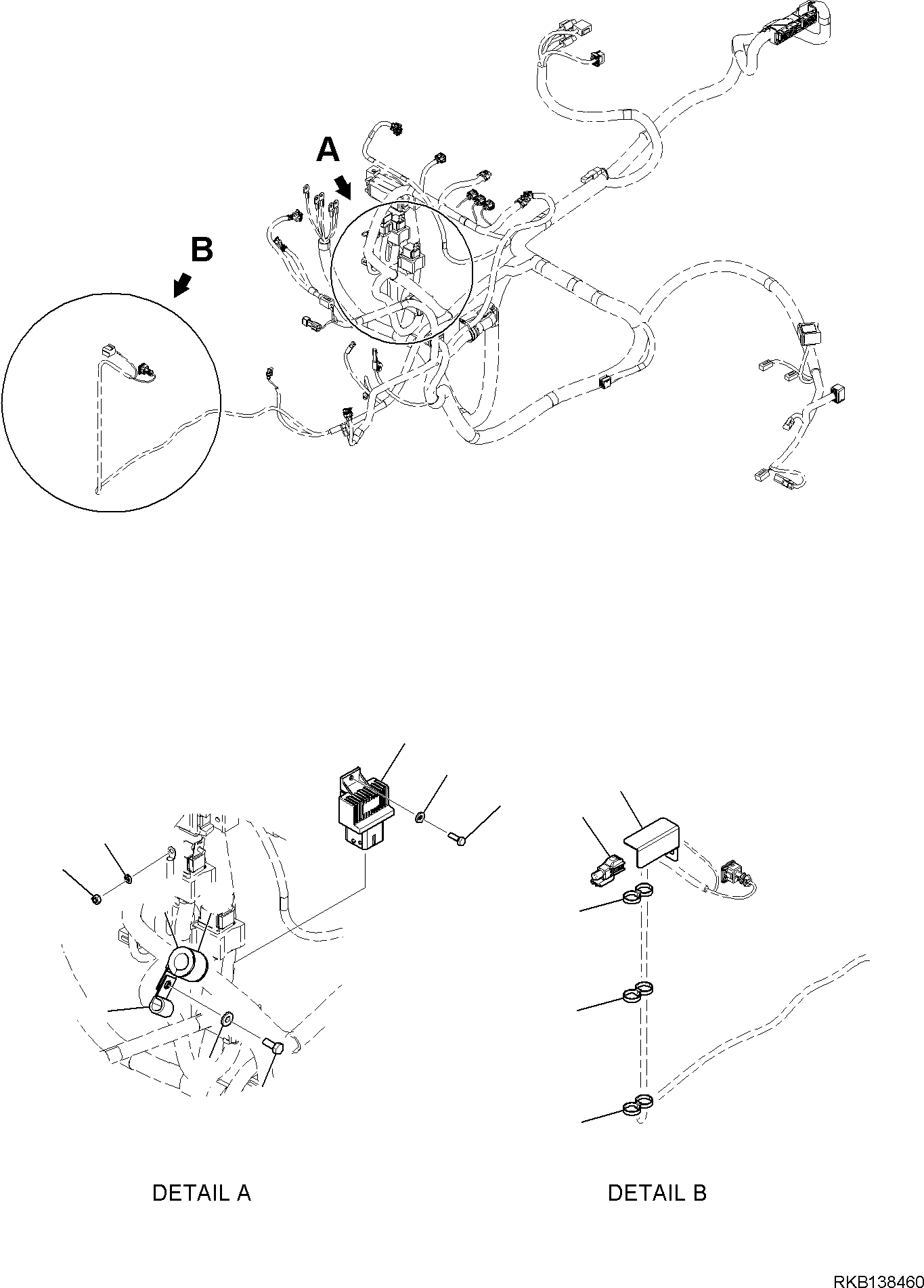 Komatsu parts book diagram for WB97S-8E0 S/N F45003 AND UP: WIRING HARNESS, FRAME HARNESS, FIXING PARTS AND COMPONENTS (6/7)