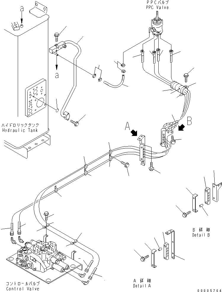 Komatsu parts book diagram for WD500-3 S/N 50001-UP: HYDRAULIC PIPING (P.P.C. VALVE TO CONTROL VALVE AND DRAIN LINE)(#50003-)