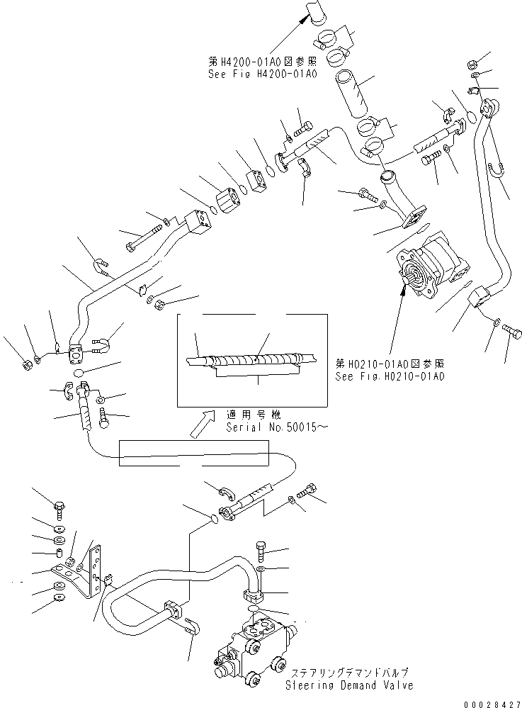 Komatsu parts book diagram for WD500-3 S/N 50001-UP: STEERING HYDRAULIC LINE (SUCTION AND DELIVERY LINE) (WITH EMERGENCY STEERING)