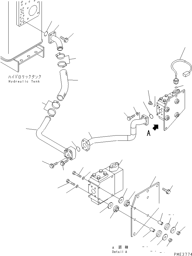 Komatsu parts book diagram for WD500-3 S/N 50001-UP: STEERING HYDRAULIC LINE (TANK TO DIVERTER VALVE LINE) (WITH EMERGENCY STEERING)