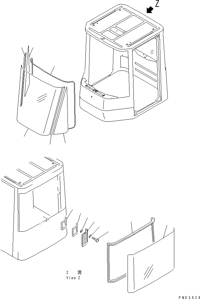 Komatsu parts book diagram for WD500-3 S/N 50001-UP: OPERATOR'S CAB (WINDOW) (WITH RADIO OR CASSETTE)