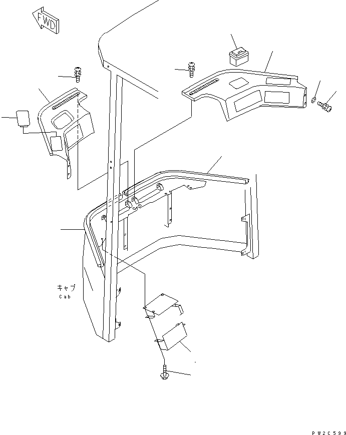 Komatsu parts book diagram for WD500-3 S/N 50001-UP: OPERATOR'S CAB (FRONT INTERIOR TRIM) (WITH RADIO OR CASSETTE)