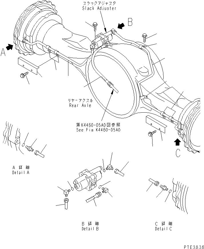 Komatsu parts book diagram for WD500-3 S/N 50001-UP: BRAKE PIPING (REAR AXLE LINE)