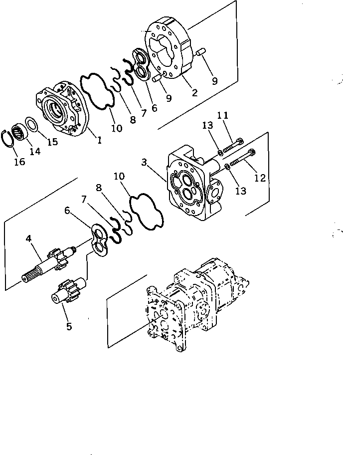 Komatsu parts book diagram for WD600-1 S/N 10001-UP: HYDRAULIC PUMP (1/3) (TORQFLOW TRANSMISSION)