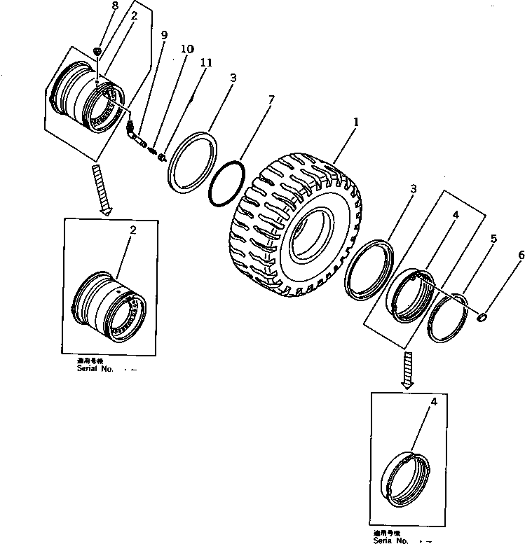 Komatsu parts book diagram for WD600-1 S/N 10001-UP: WHEEL AND TUBELESS TIRE