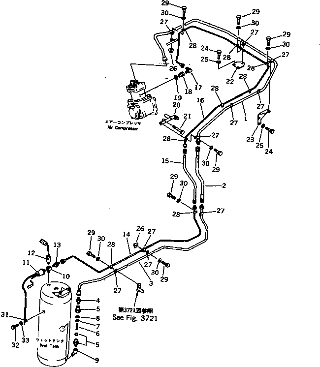 Komatsu parts book diagram for WD600-1 S/N 10001-UP: AIR PIPING (COMPRESSOR TO WET TANK)(#10001-10005)