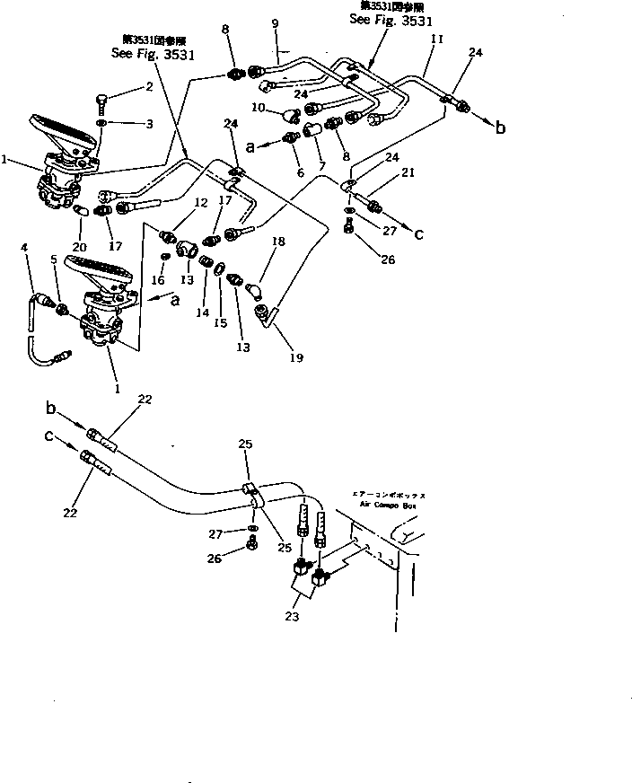 Komatsu parts book diagram for WD600-1 S/N 10001-UP: AIR PIPING (TREADLE VALVE)