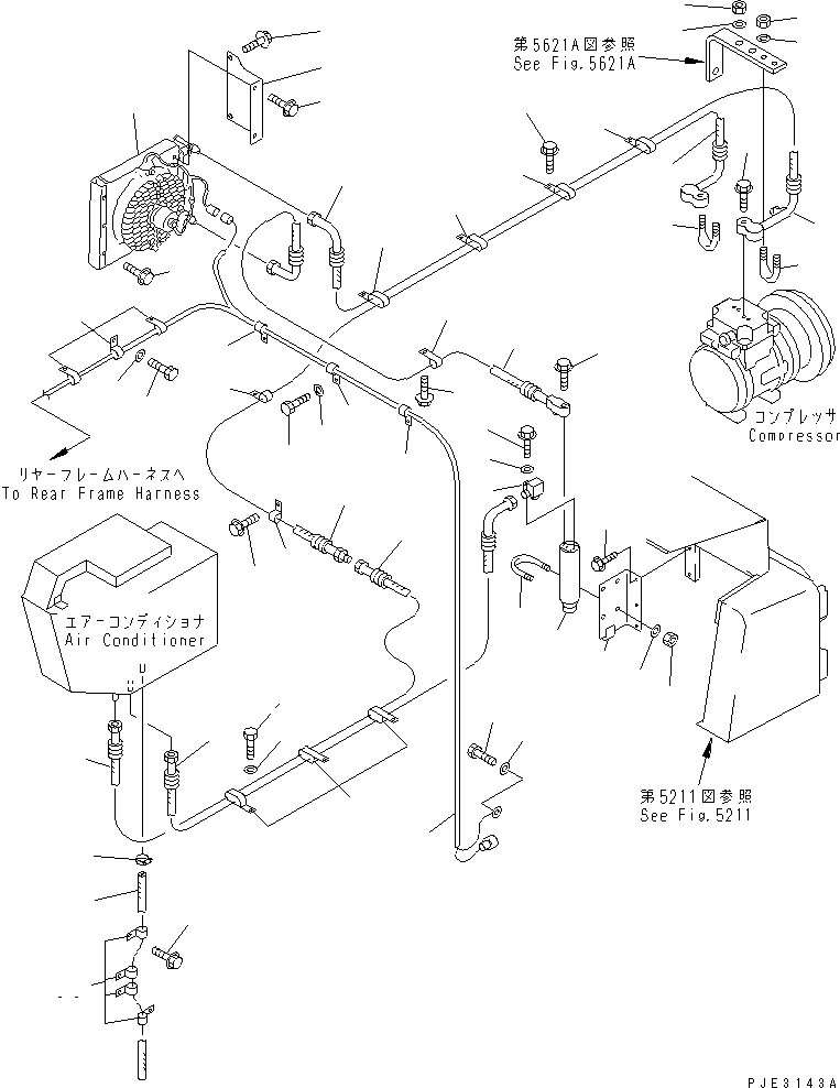 Komatsu parts book diagram for WD600-1 S/N 10001-UP: AIR CONDITIONER (NIPPON DENSO) (3/4) (AIR PIPING) (R134A)(#.-)