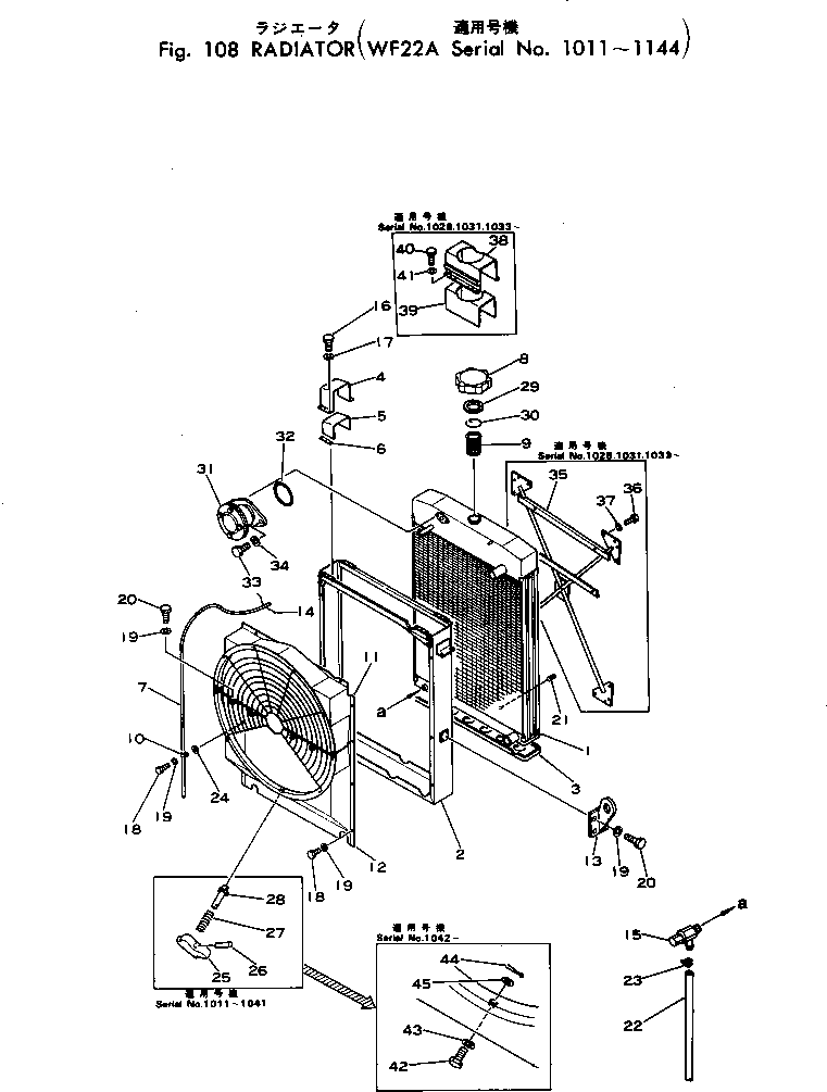 Komatsu parts book diagram for WF22A-2 S/N 1011-UP: RADIATOR(#1011-1144)