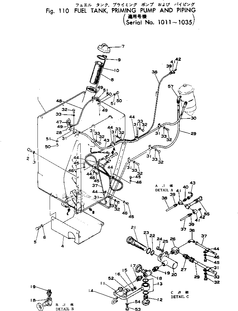 Komatsu parts book diagram for WF22A-2 S/N 1011-UP: FUEL TANK ? PRIMING PUMP AND PIPING(#1011-1035)