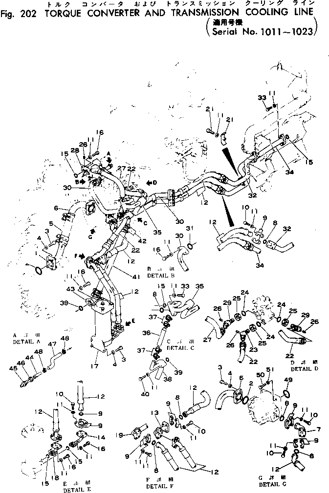 Komatsu parts book diagram for WF22A-2 S/N 1011-UP: TORQUE CONVERTER AND TRANSMISSION COOLING LINE(#1011-1023)