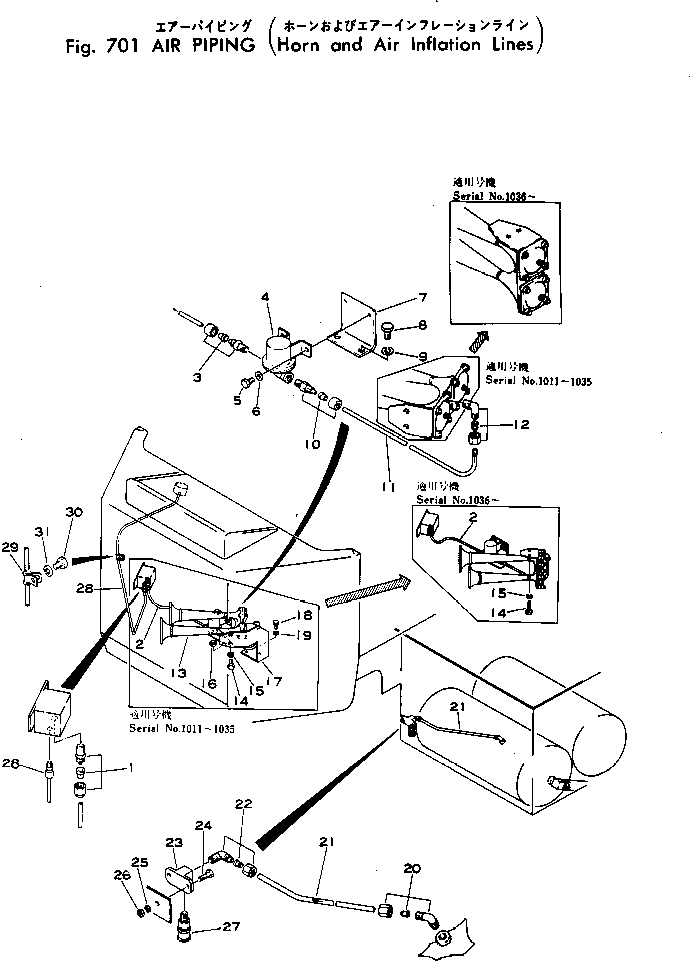 Komatsu parts book diagram for WF22A-2 S/N 1011-UP: AIR PIPING (HORN AND AIR INFLATION LINE)