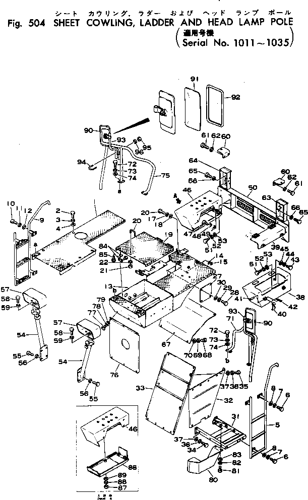 Komatsu parts book diagram for WF22T-2 S/N 1011-UP: SHEET COWLING ? LADDER AND HEAD LAMP POLE(#1011-1035)