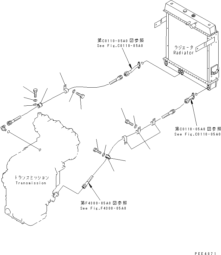 Komatsu parts book diagram for WF450-3 S/N 54001-UP: COOLING LINE (TRANSMISSION PIPING MOUNTING)