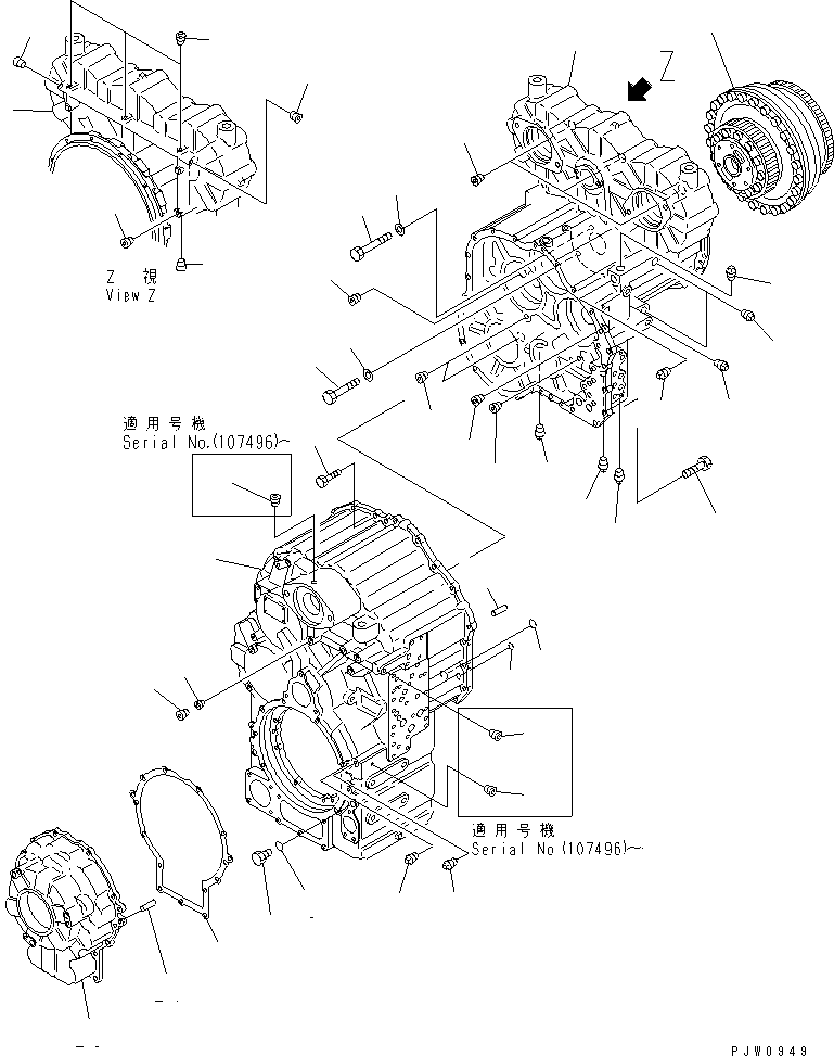 Komatsu parts book diagram for WF450-3 S/N 54001-UP: TRANSMISSION (TRANSMISSION CASE)