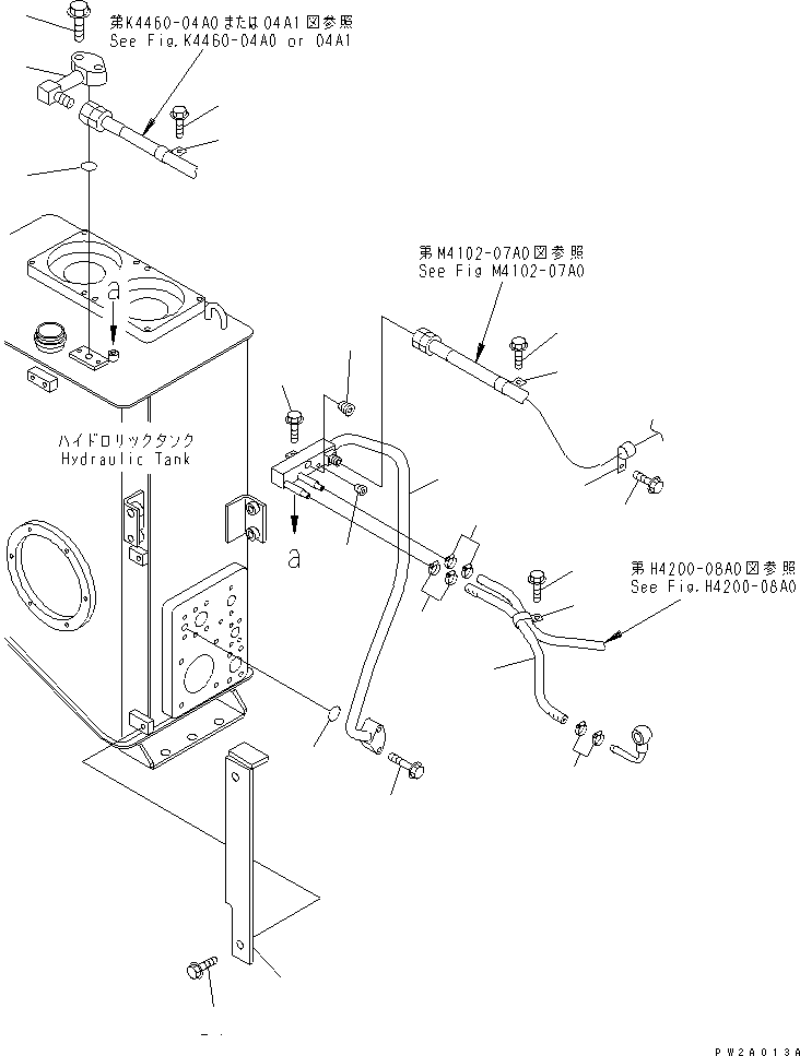 Komatsu parts book diagram for WF450-3 S/N 54001-UP: HYDRAULIC TANK (P.P.C VALVE AND BRAKE VALVE DRAIN LINE)
