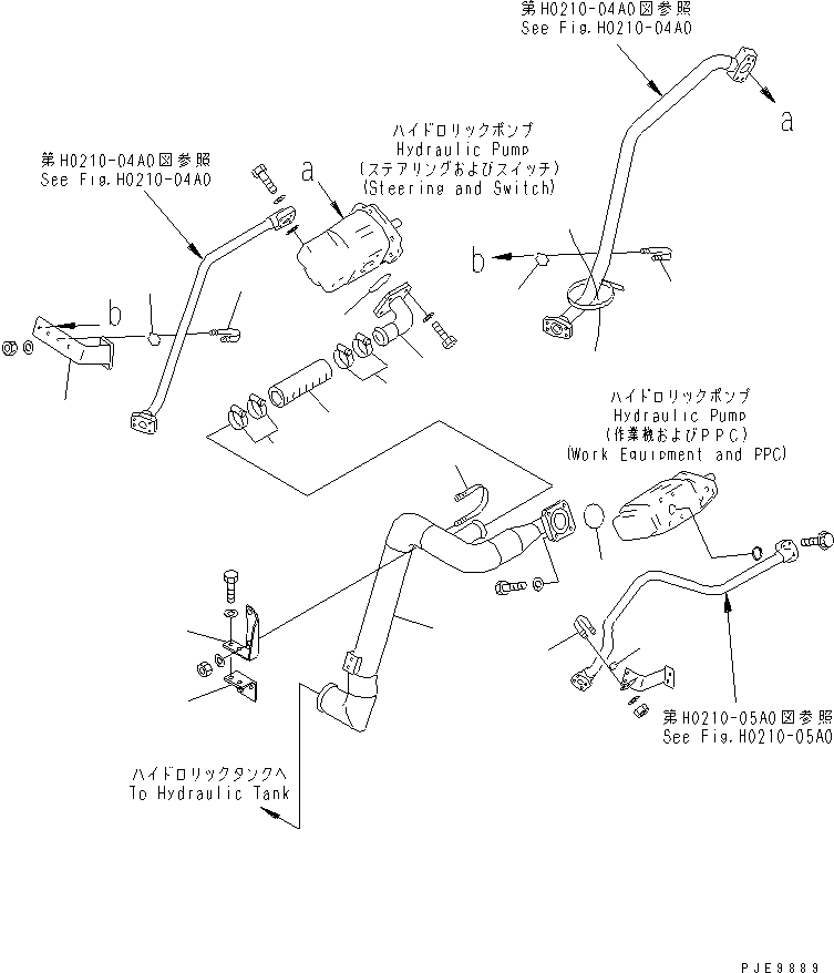 Komatsu parts book diagram for WF450-3 S/N 54001-UP: HYDRAULIC PUMP (SUCTION LINE AND PUMP LINE MOUNTING)