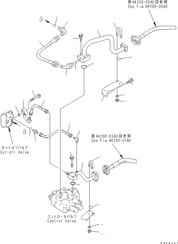 Komatsu parts book diagram for WF450-3 S/N 54001-UP: HYDRAULIC PIPING (CONTROL AND CUT-OFF VALVE DRAIN LINE)