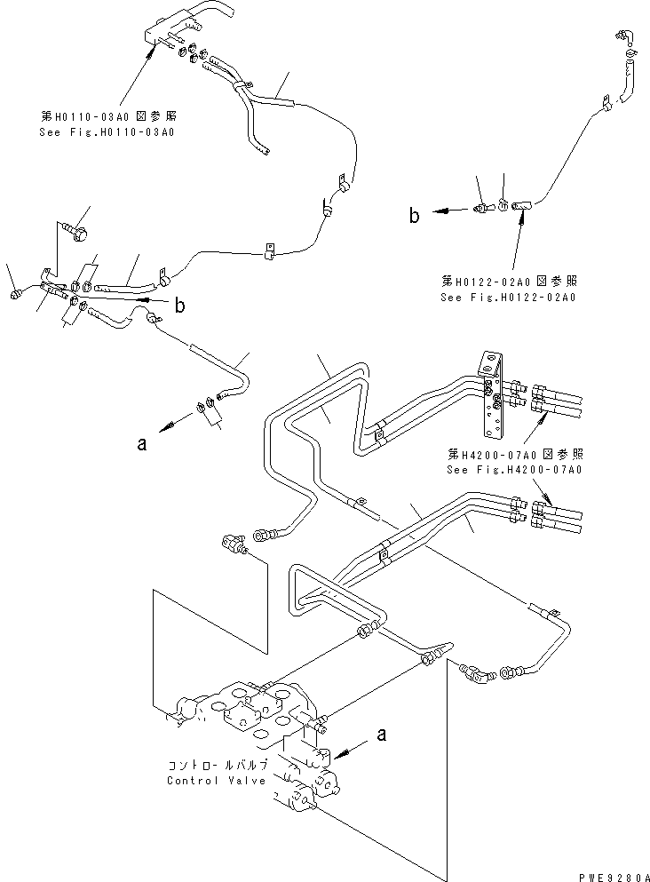 Komatsu parts book diagram for WF450-3 S/N 54001-UP: HYDRAULIC PIPING (P.P.C. VALVE LINE AND DRAIN LINE PIPING)