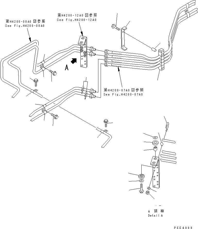 Komatsu parts book diagram for WF450-3 S/N 54001-UP: HYDRAULIC PIPING (P.P.C. VALVE LINE AND PILOT LINE MOUNTING)