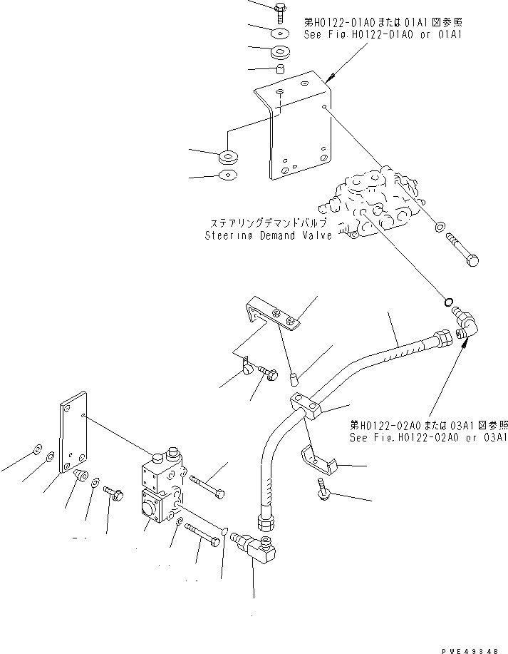 Komatsu parts book diagram for WF450-3 S/N 54001-UP: STEERING HYDRAULIC LINE (SWITCH PUMP TO CUT-OFF VALVE LINE)