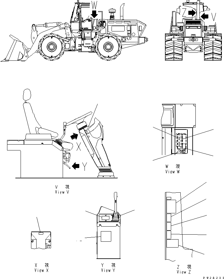 Komatsu parts book diagram for WF450-3 S/N 54001-UP: MARKS AND PLATES (CAB INSIDE)