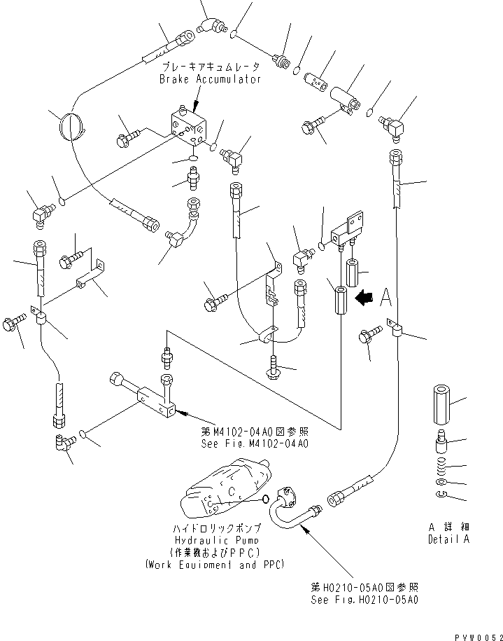 Komatsu parts book diagram for WF450-3 S/N 54001-UP: BULKHEAD (P.P.C. PUMP TO ACCUMULATOR CHARGE VALVE PIPING)