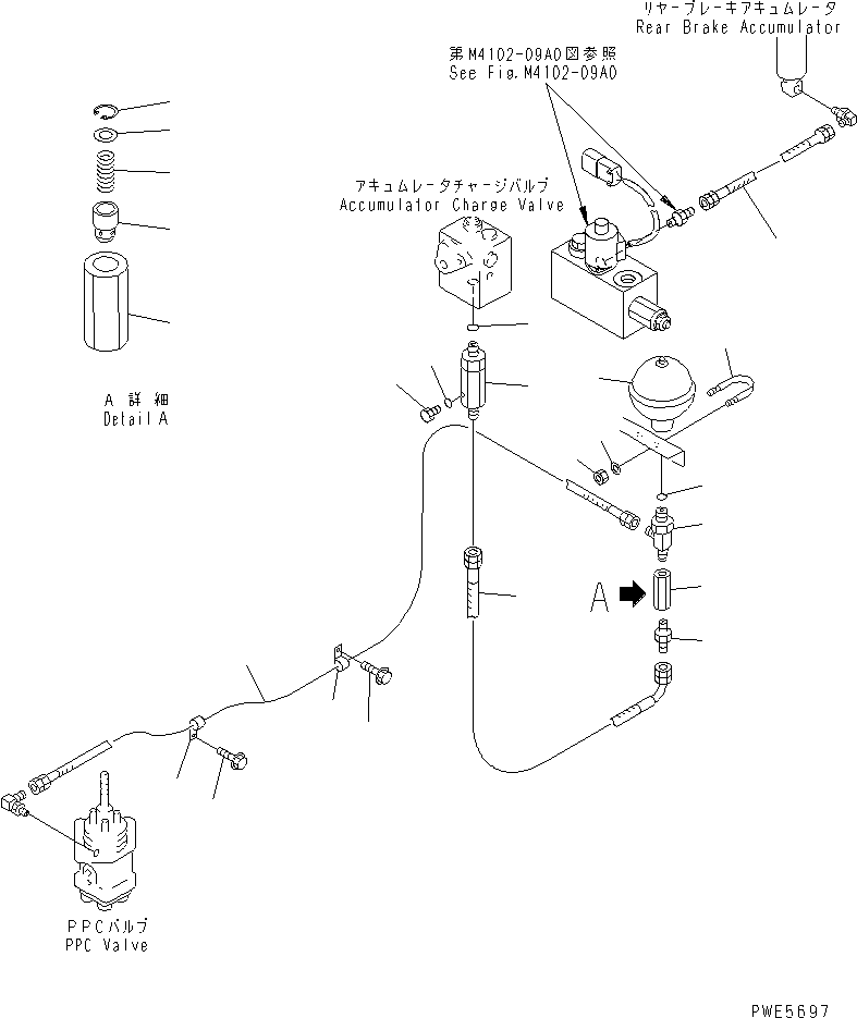 Komatsu parts book diagram for WF450-3 S/N 54001-UP: BULKHEAD (ACCUMULATOR CHARGE VALVE TO P.P.C. VALVE PIPING)