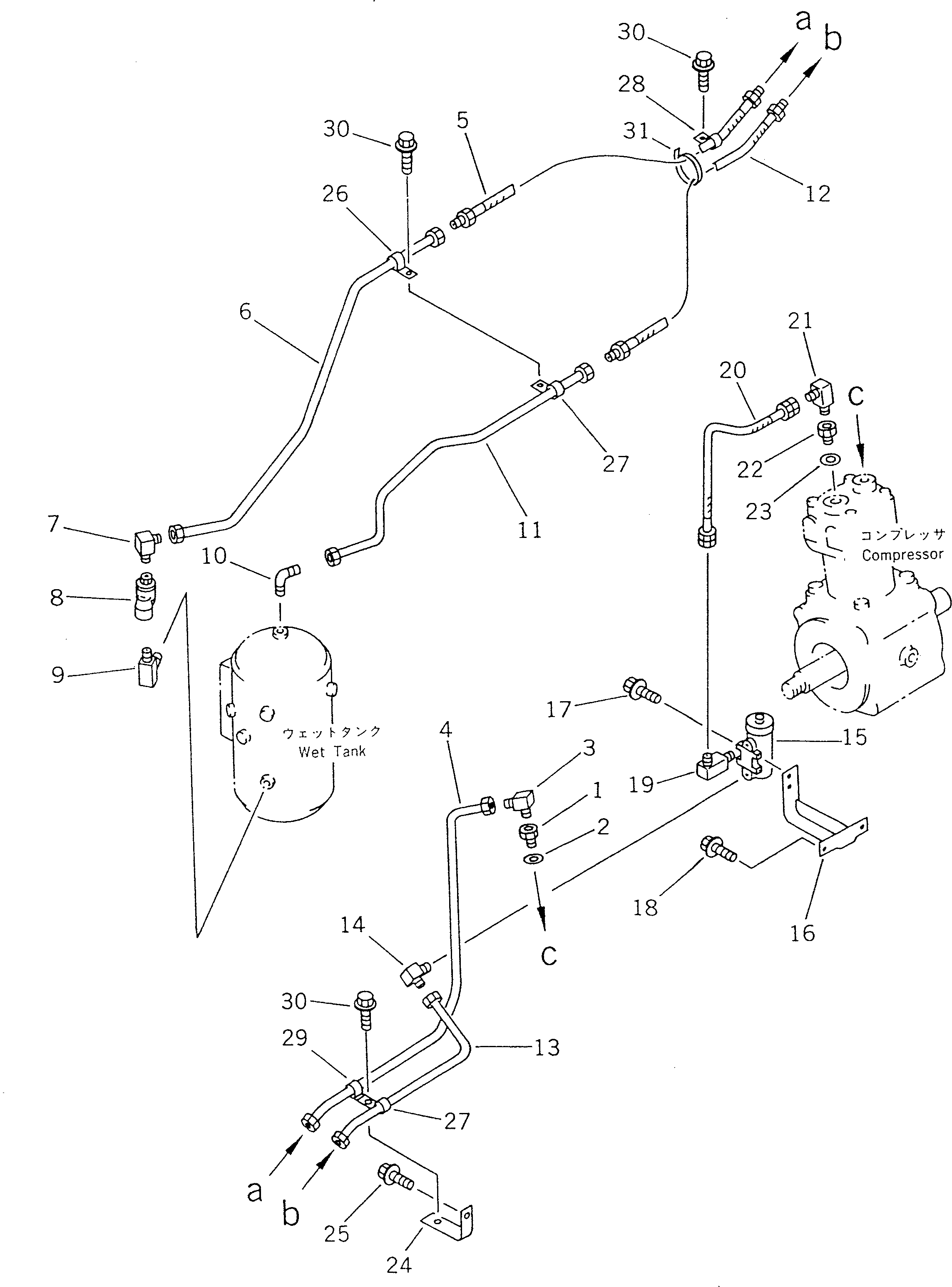 Komatsu parts book diagram for WF450T-1 S/N 10001-UP: AIR PIPING (COMPRESSOR TO WET TANK)