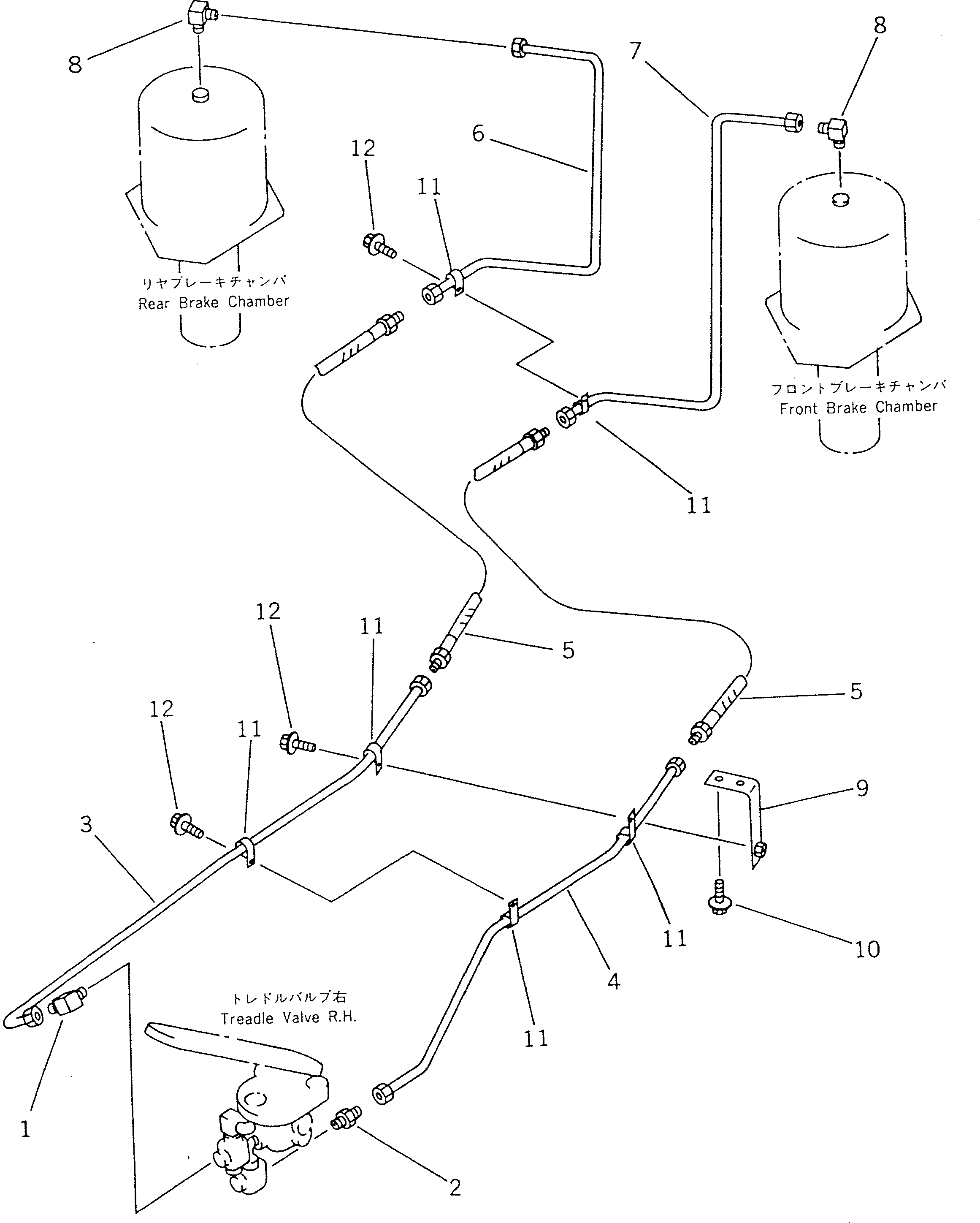 Komatsu parts book diagram for WF450T-1 S/N 10001-UP: AIR PIPING (TREADLE VALVE TO CHAMBER)