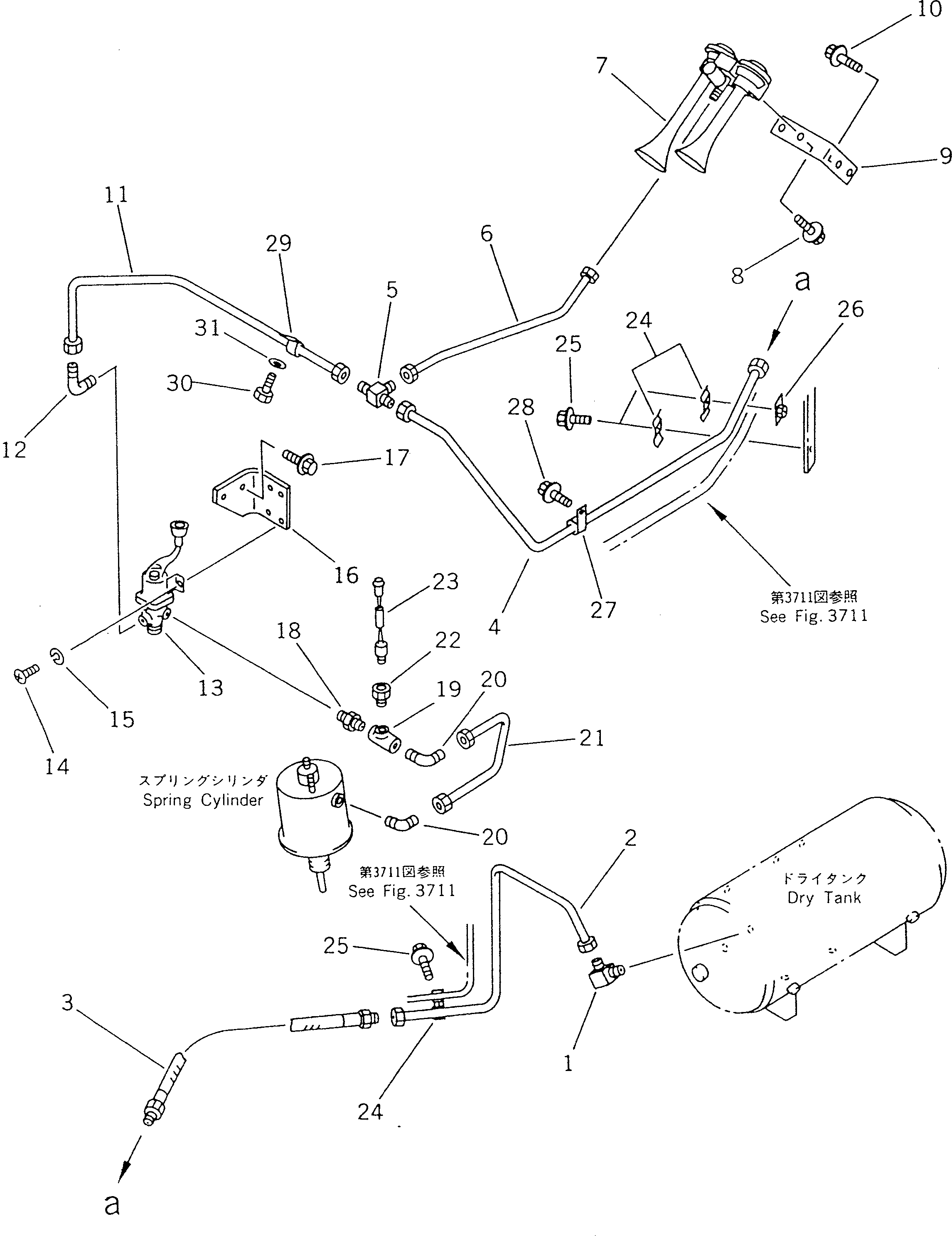 Komatsu parts book diagram for WF450T-1 S/N 10001-UP: AIR PIPING (PARKING BRAKE AND HORN)