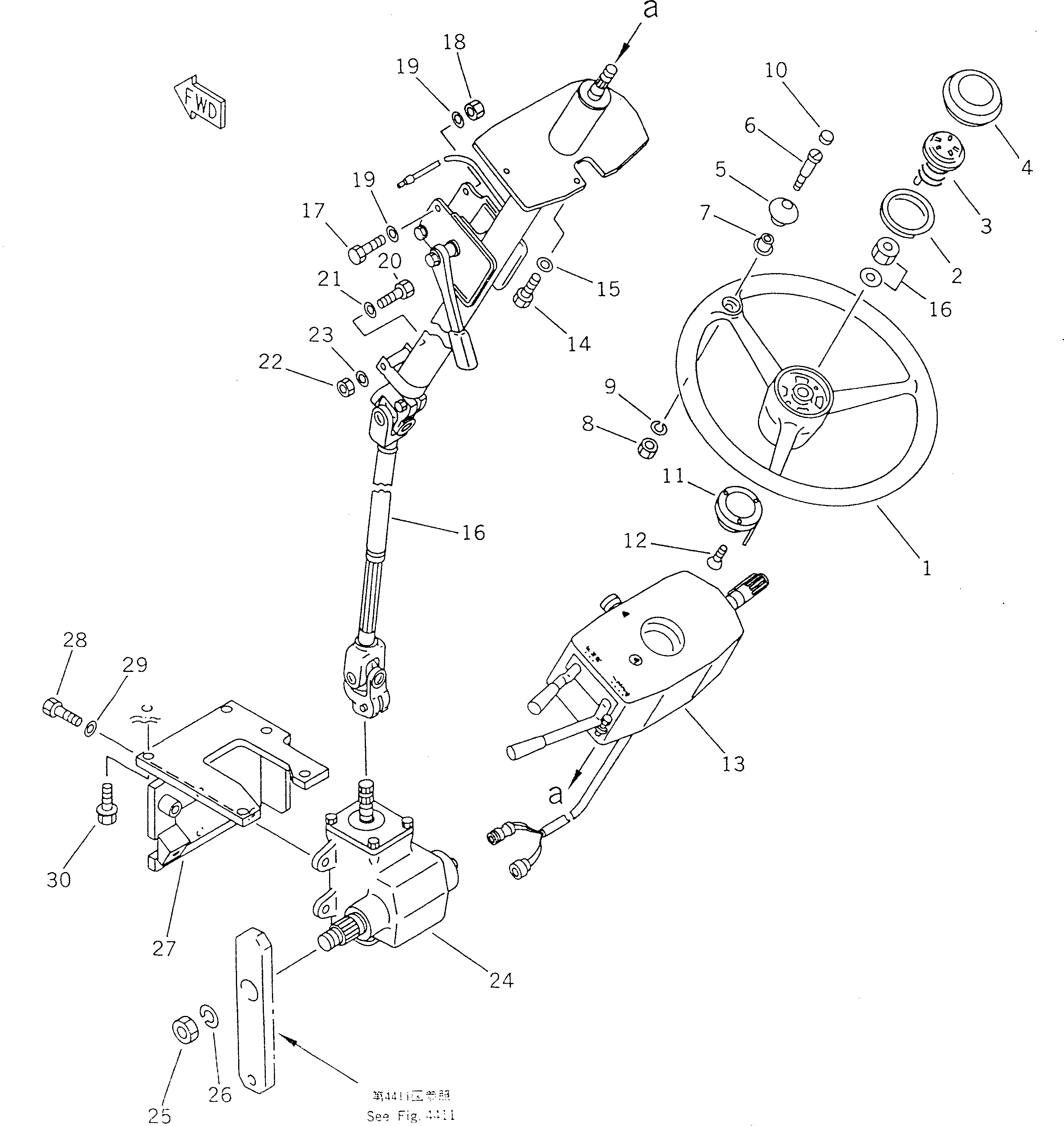 Komatsu parts book diagram for WF450T-1 S/N 10001-UP: STEERING WHEEL AND TRANSMISSION CONTROL